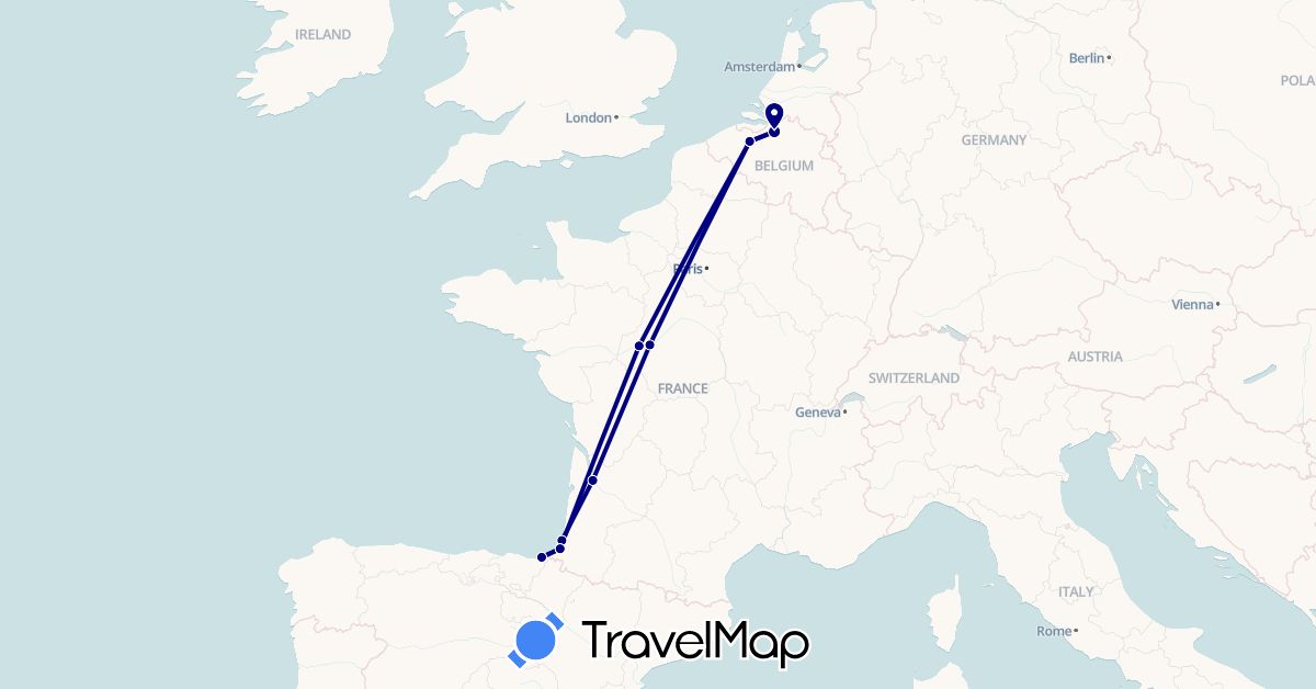 TravelMap itinerary: driving in Belgium, Spain, France (Europe)